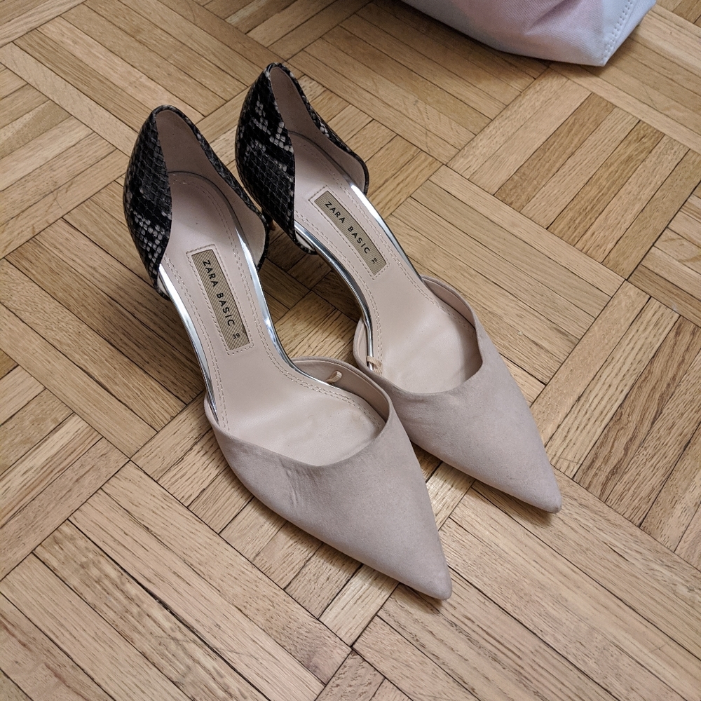 Zara low heeled suede heels with snakeskin